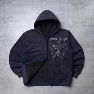 Y2K Navy Rock Angel Grunge Distressed Faded Sherpa Lined Zip Up Hoodie